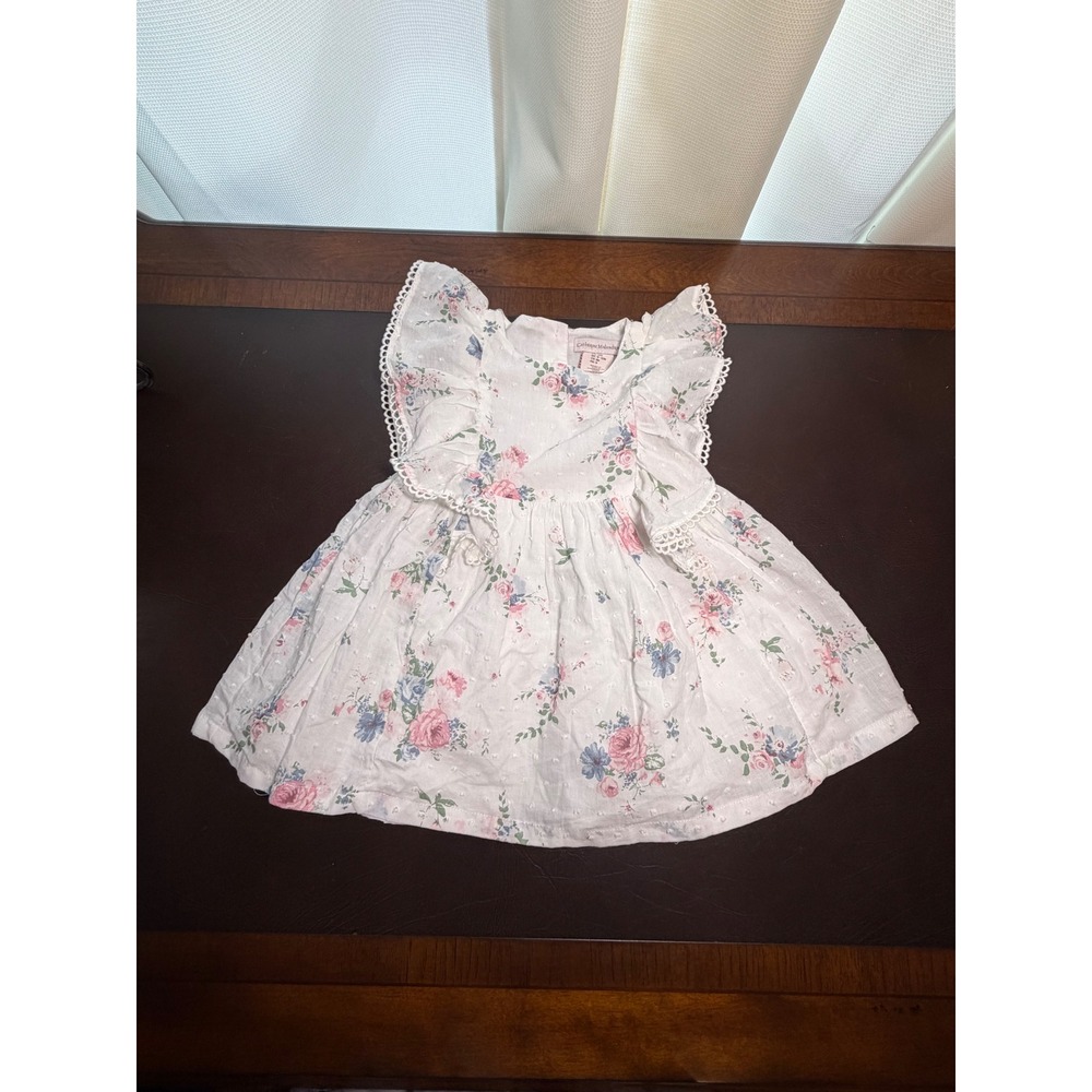 Catherine Malandrino Girls White Floral Swiss Dot Ruffle Flutter Sleeve Dress